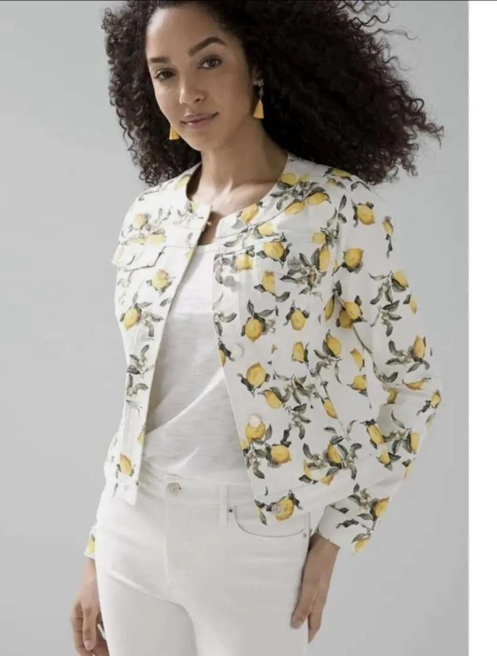 White House Black Market White Lemon-Print Jean Jacket